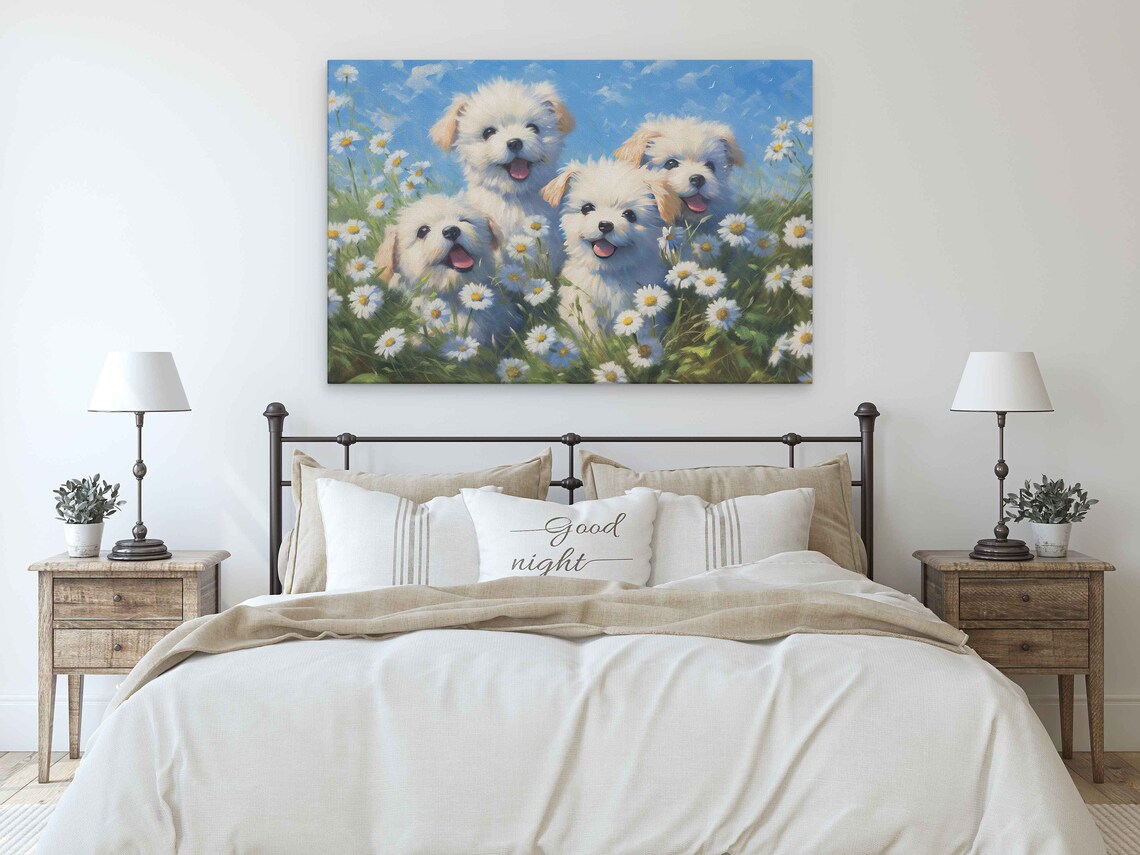 Four White Puppies Daisy Field Happy Puppy Dog Lovers Art Print - Image 3