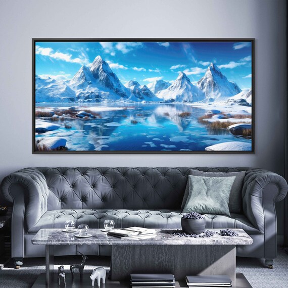 Stunning Snow Covered Mountains Oil Painting Reflective Lake Framed Print Ready To Hang