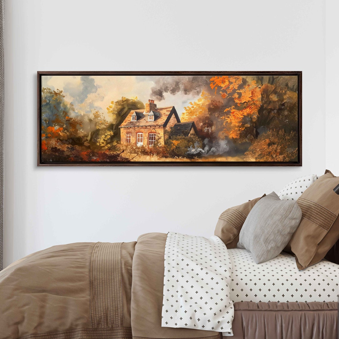 Stone Cottage In Autumn Woods With Chimney Smoke Fall Landscape Poster