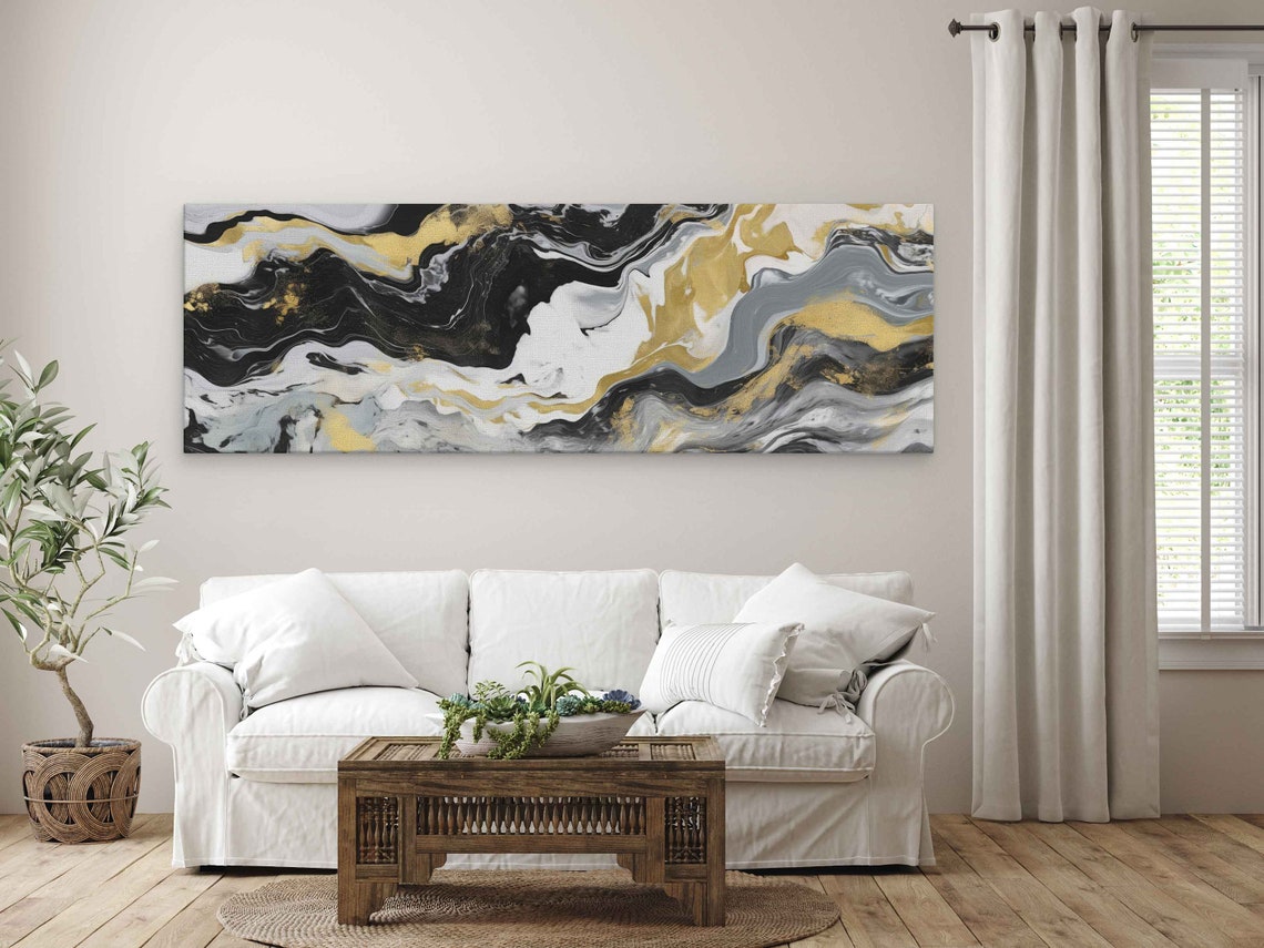 Black White Gold Marble Wave Panoramic Abstract Wall Art Poster - Image 3