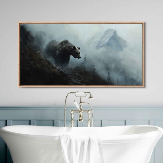 Grizzly Bear Emerging From Foggy Mountain Forest Oil Painting Poster