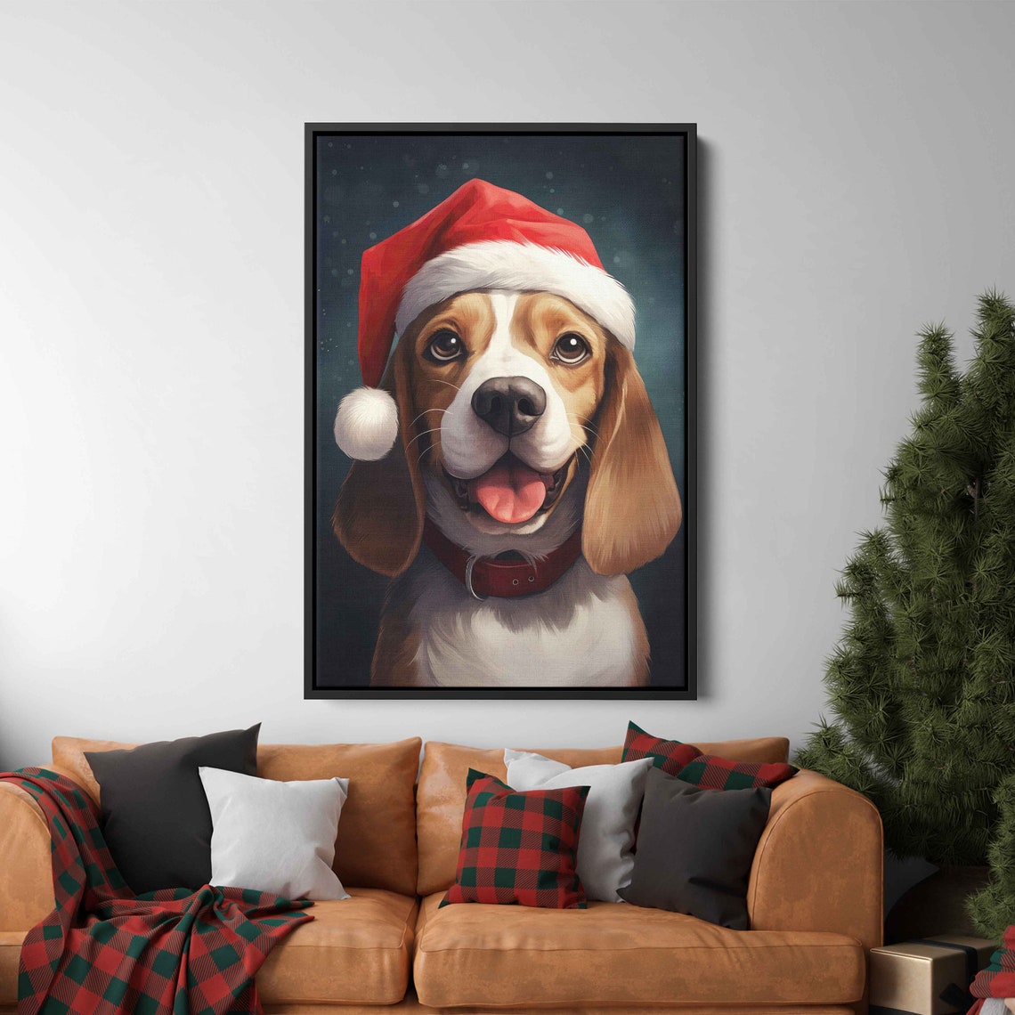 Happy Beagle Wearing Santa Hat Smiling Christmas Portrait Poster