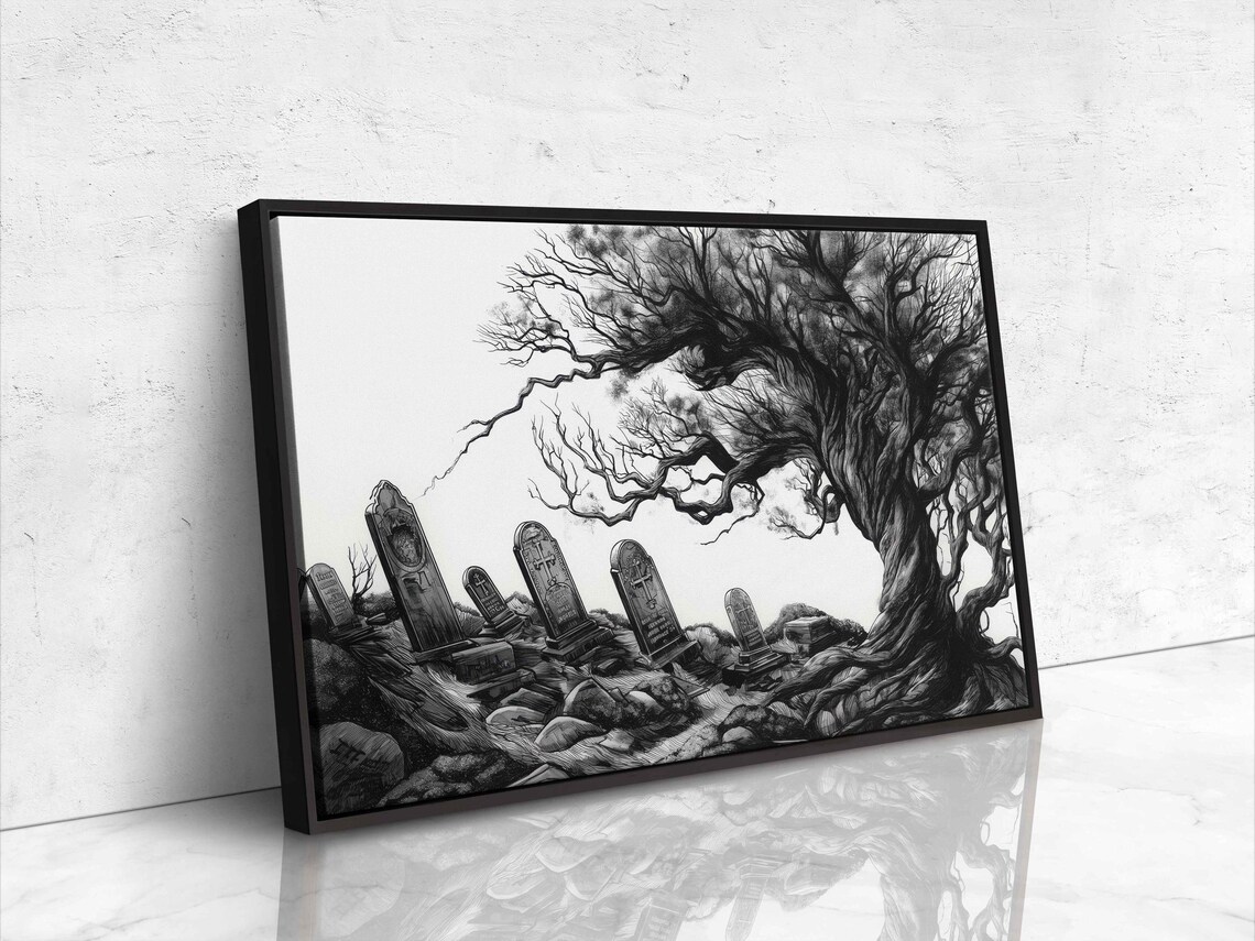 Old Gothic Graveyard Leaning Tombstones Twisted Tree Ink Halloween Poster - Image 4