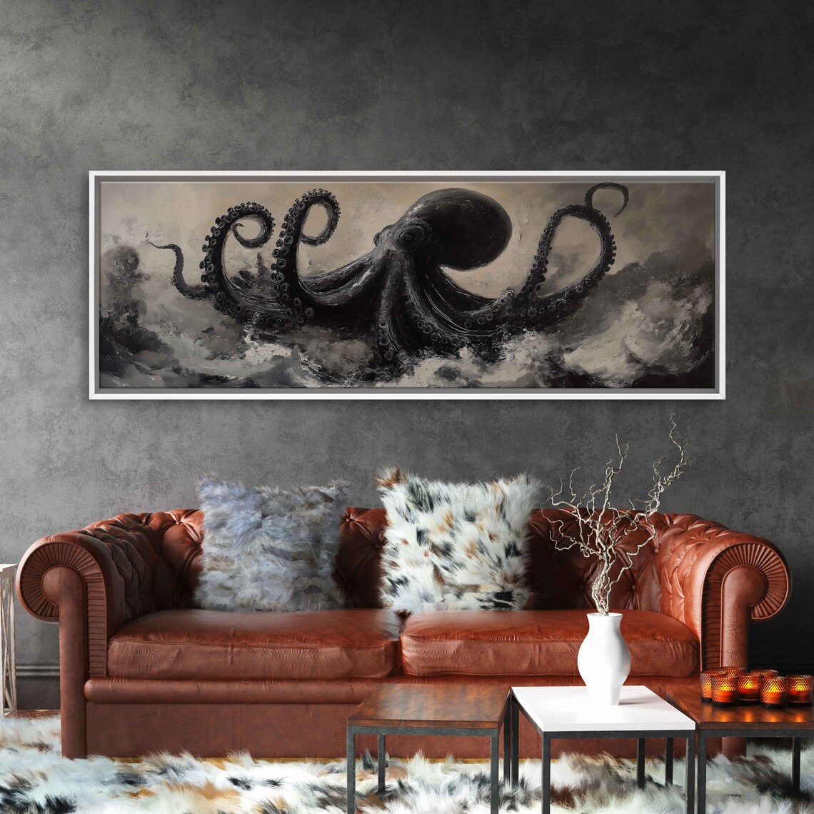 Giant Octopus Reaching From The Sea Wall Art Print Dramatic Waves Moody Grays Inky Blacks