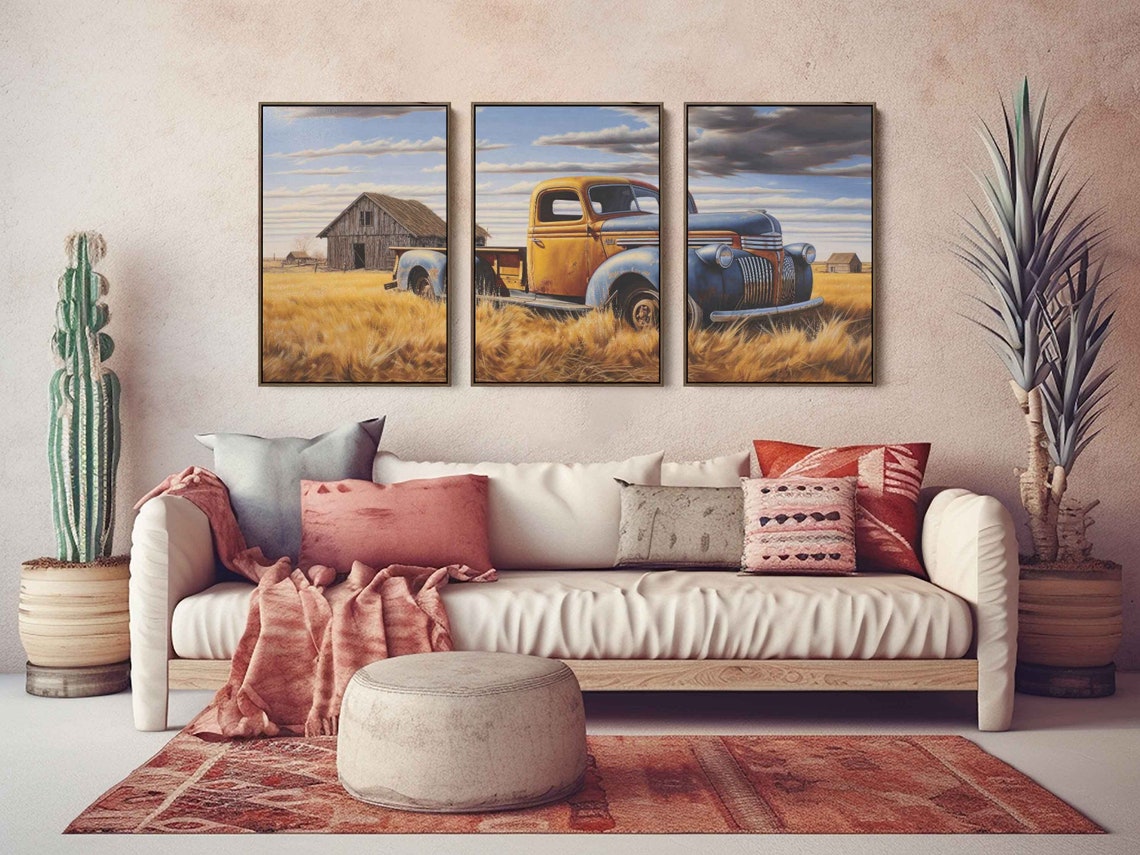 Vintage Pickup Truck Golden Wheat Field Old Barn Triptych Art Print - Image 2