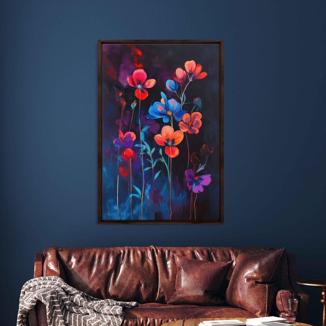 Neon Poppies Red Blue Wildflowers Night Dark Floral Art Poster - Image 3