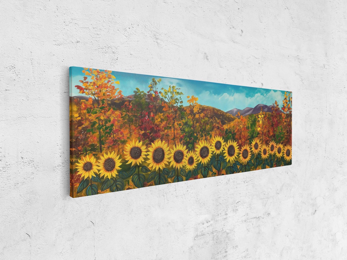 Sunflower Field With Fall Foliage And Mountain Backdrop Art Poster - Image 4