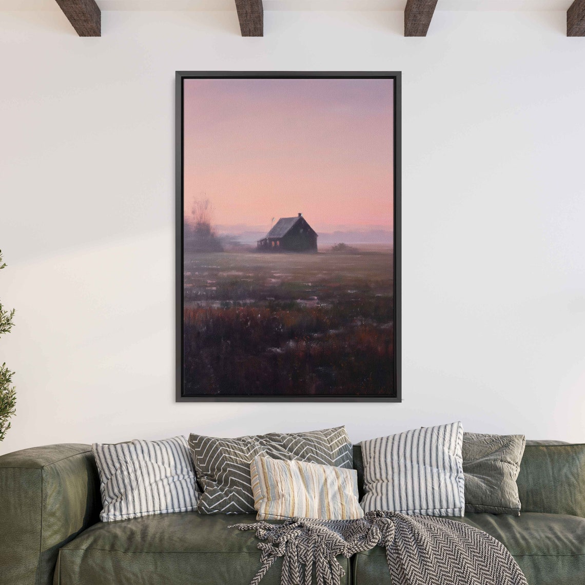 Misty Farmhouse Sunset Pink Heather Moorland Silhouette Wall Art