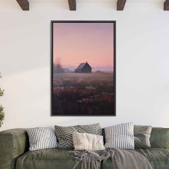 Peaceful Misty Farmhouse Oil Painting Lush Greenery Clear Skies Wall Art Print Ready To Hang