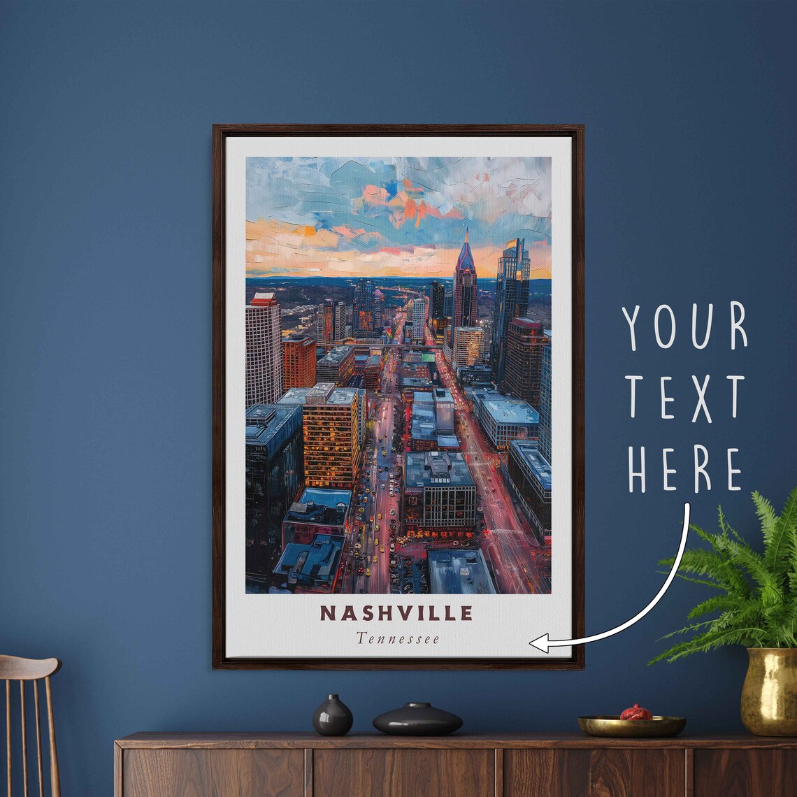 Nashville Tennessee Downtown Dusk Street Lights Skyline Travel Poster