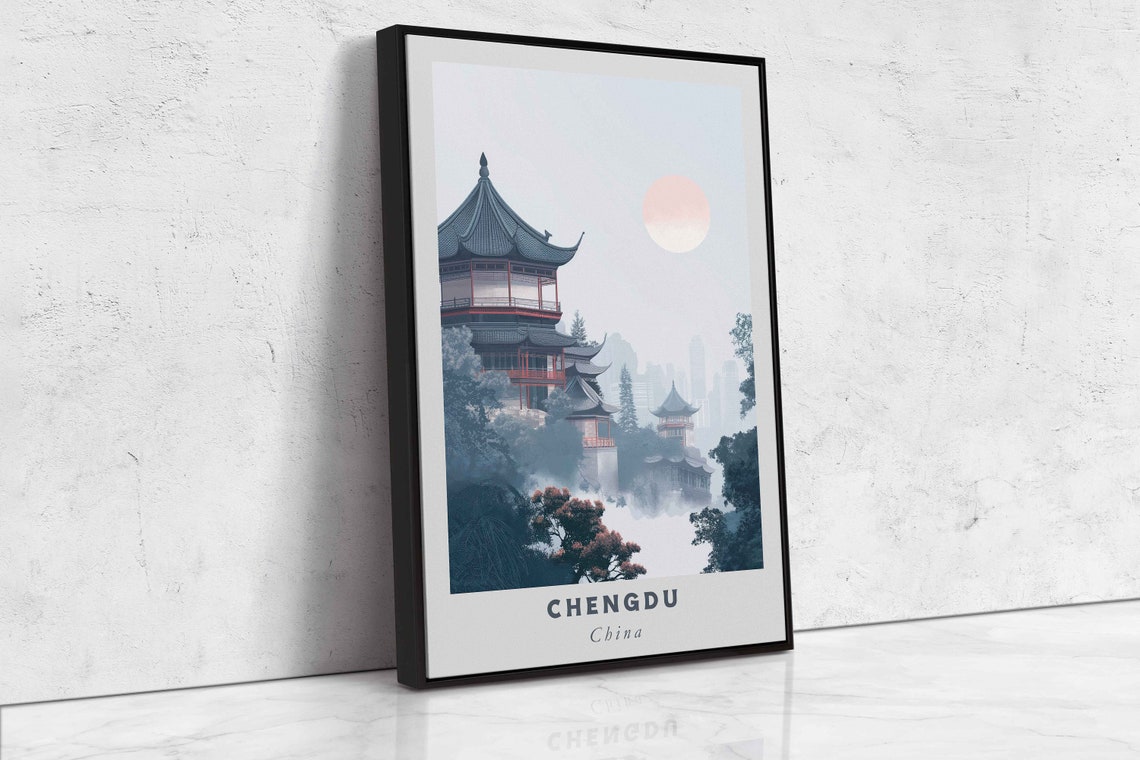 Chengdu China Misty Pagoda Hillside Minimalist Travel Poster - Image 2