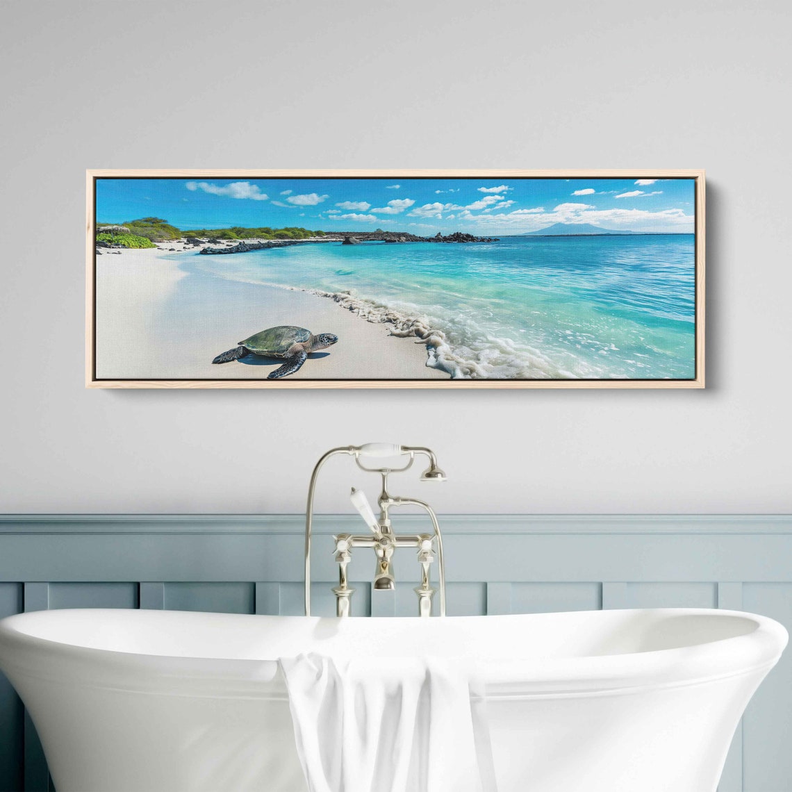 Sea Turtle On White Sand Beach Turquoise Waves Panoramic Poster