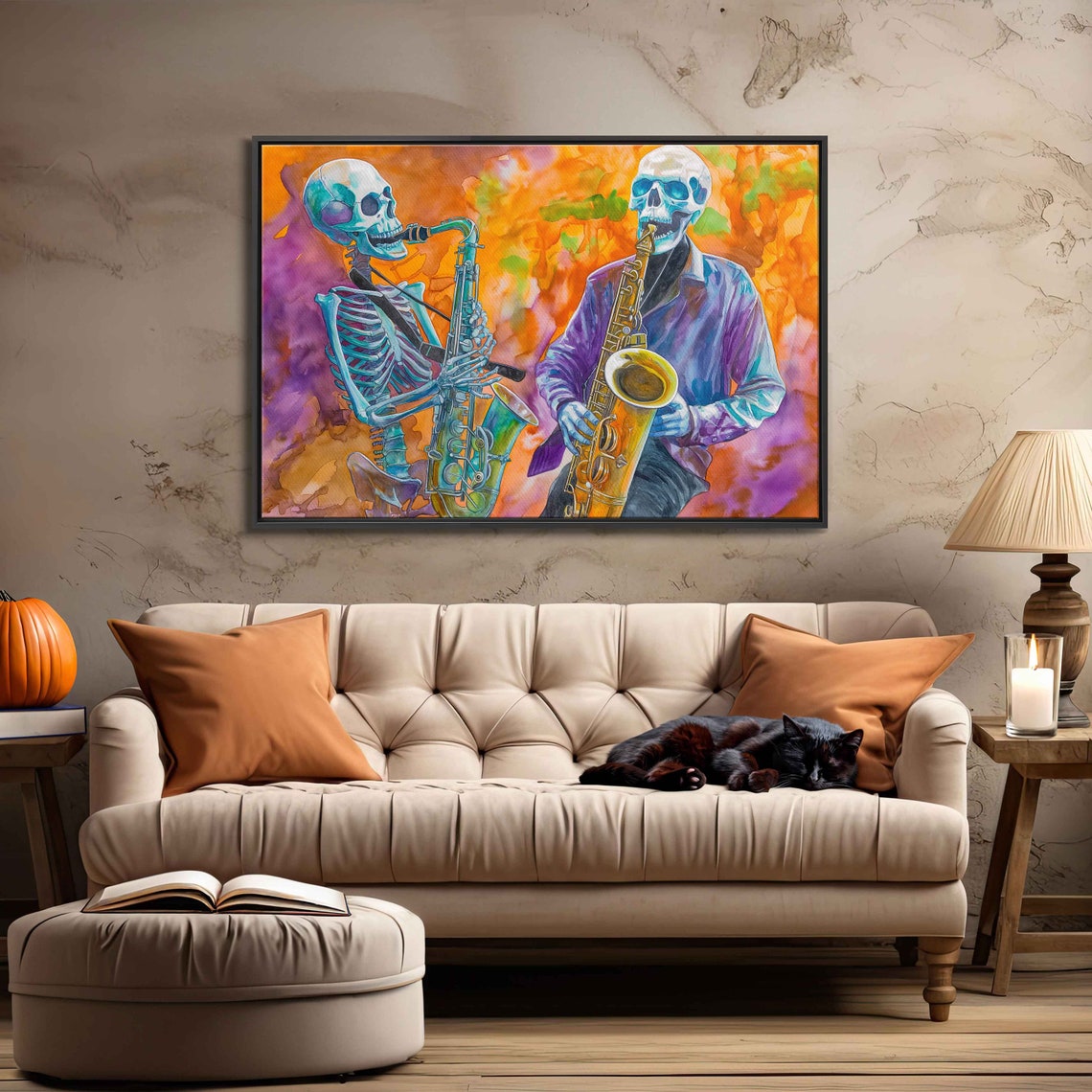 Skeletons Playing Saxophones Watercolor Jazz Halloween Poster - Image 3