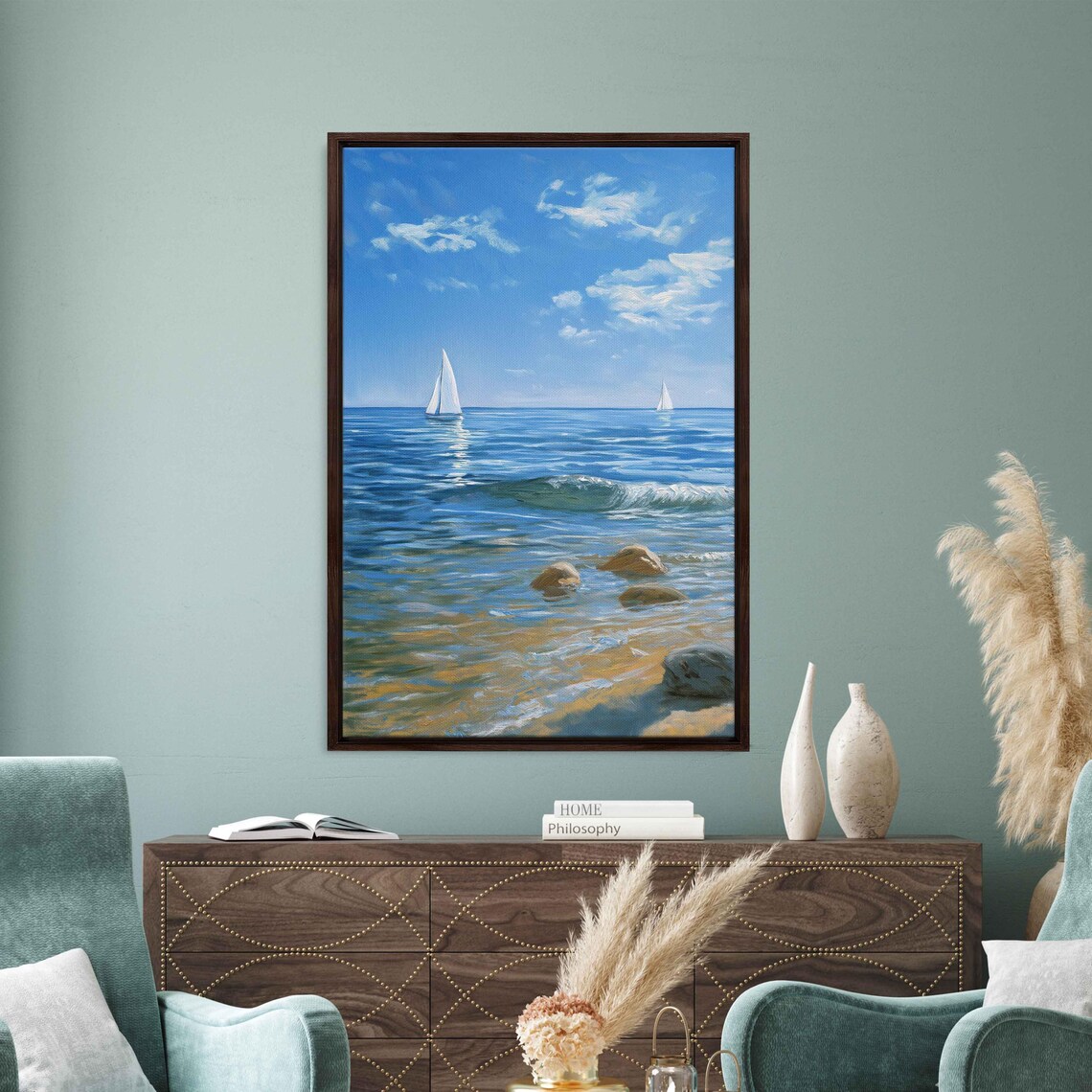 White Sailboats Gliding Across Bright Blue Ocean Sunny Day Painting Poster - Image 3