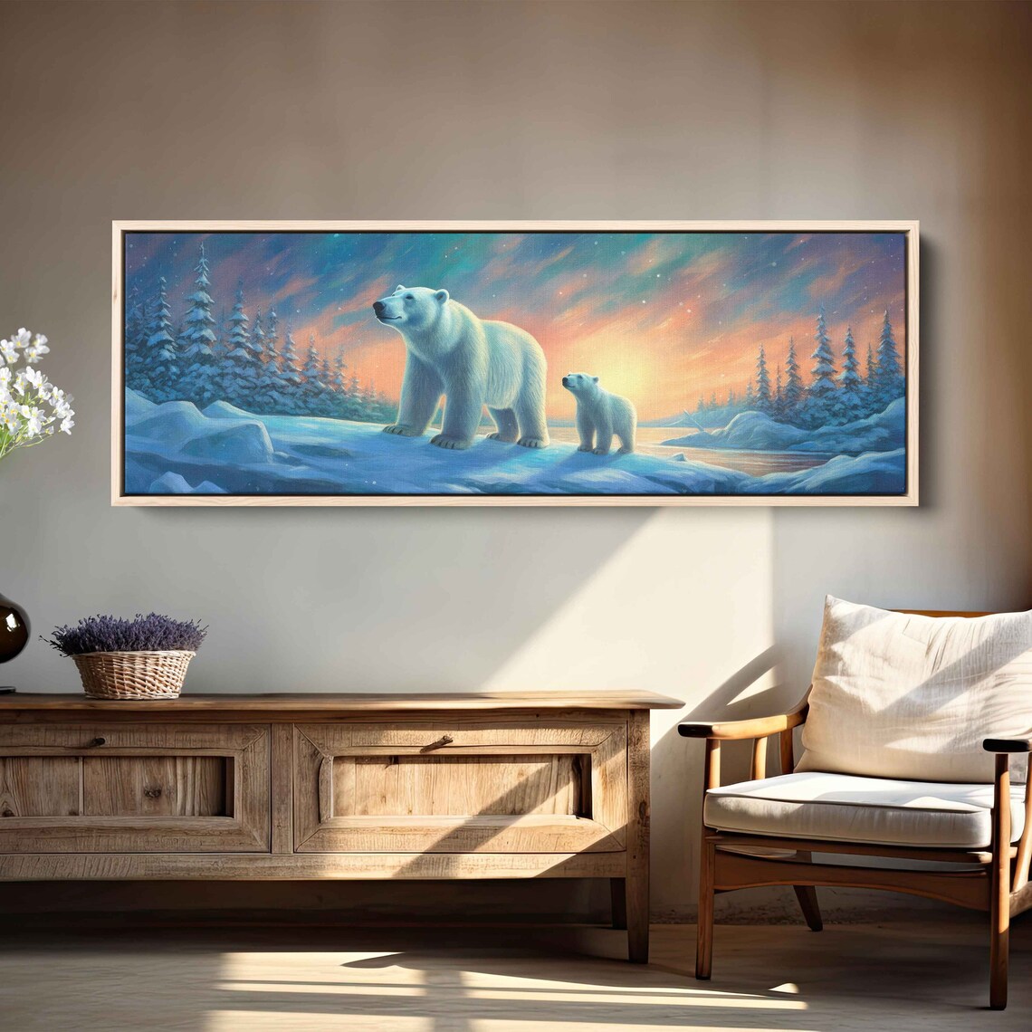 Mama Polar Bear and Cub Golden Sunset Snowy Pines Panoramic Wildlife Poster - Image 2