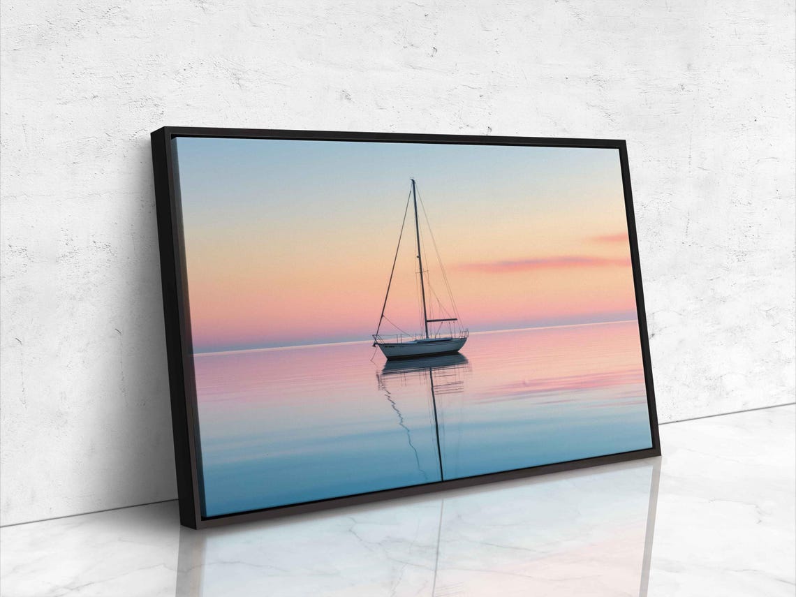 Sailboat Anchored At Pastel Sunset Mirror Sea Minimalist Poster - Image 4