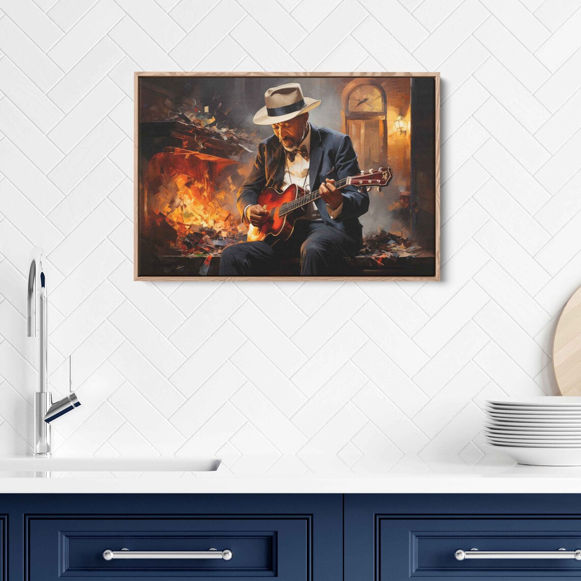 Blues Guitarist Fedora Jazz Musician Fireside Painting Music Art Print - Image 2