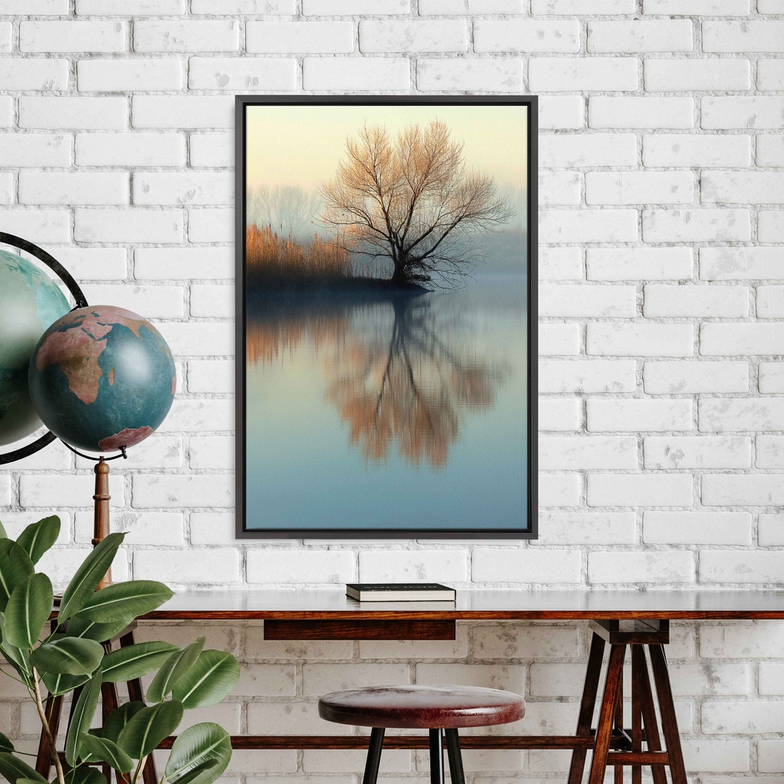 Lone Tree Reflection Calm Lakeshore Waters Morning Nature Photo Print