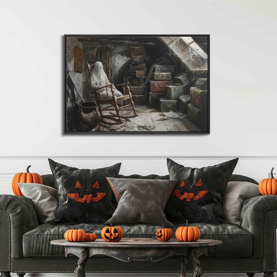 Ghost In Rocking Chair Dusty Attic Old Suitcases Haunted House Print
