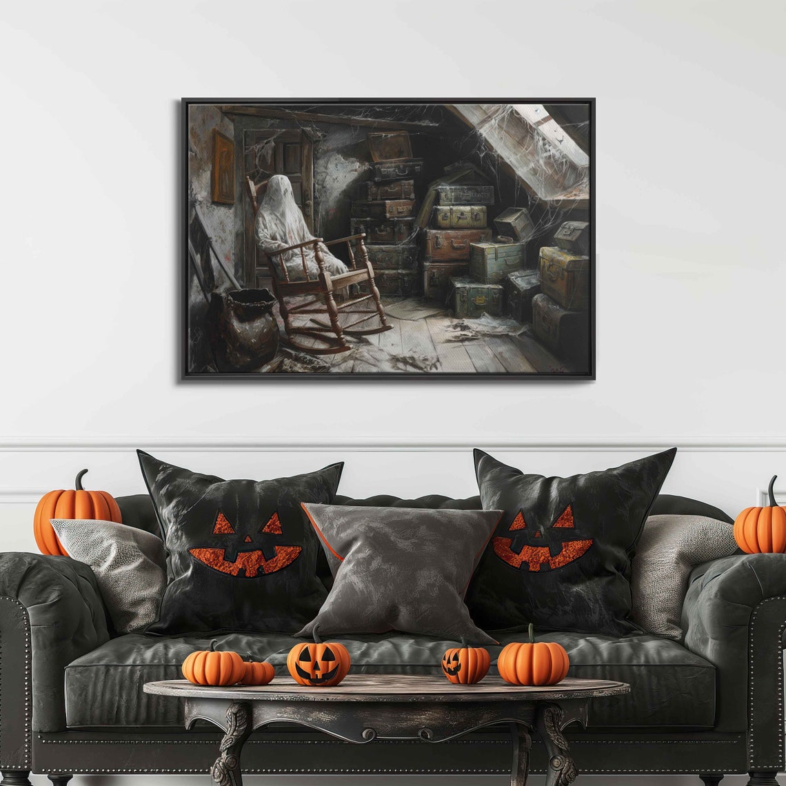 Ghost In Rocking Chair Dusty Attic Old Suitcases Haunted House Print