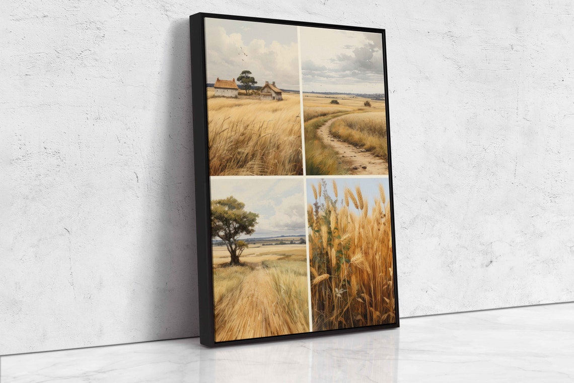 Rustic Golden Wheat Fields Four Panel Watercolor Farm Poster - Image 4