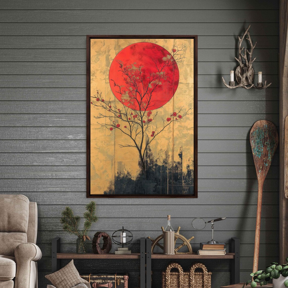 Surreal Flowering Cherry Tree, Elegant Gold Leaf Accents