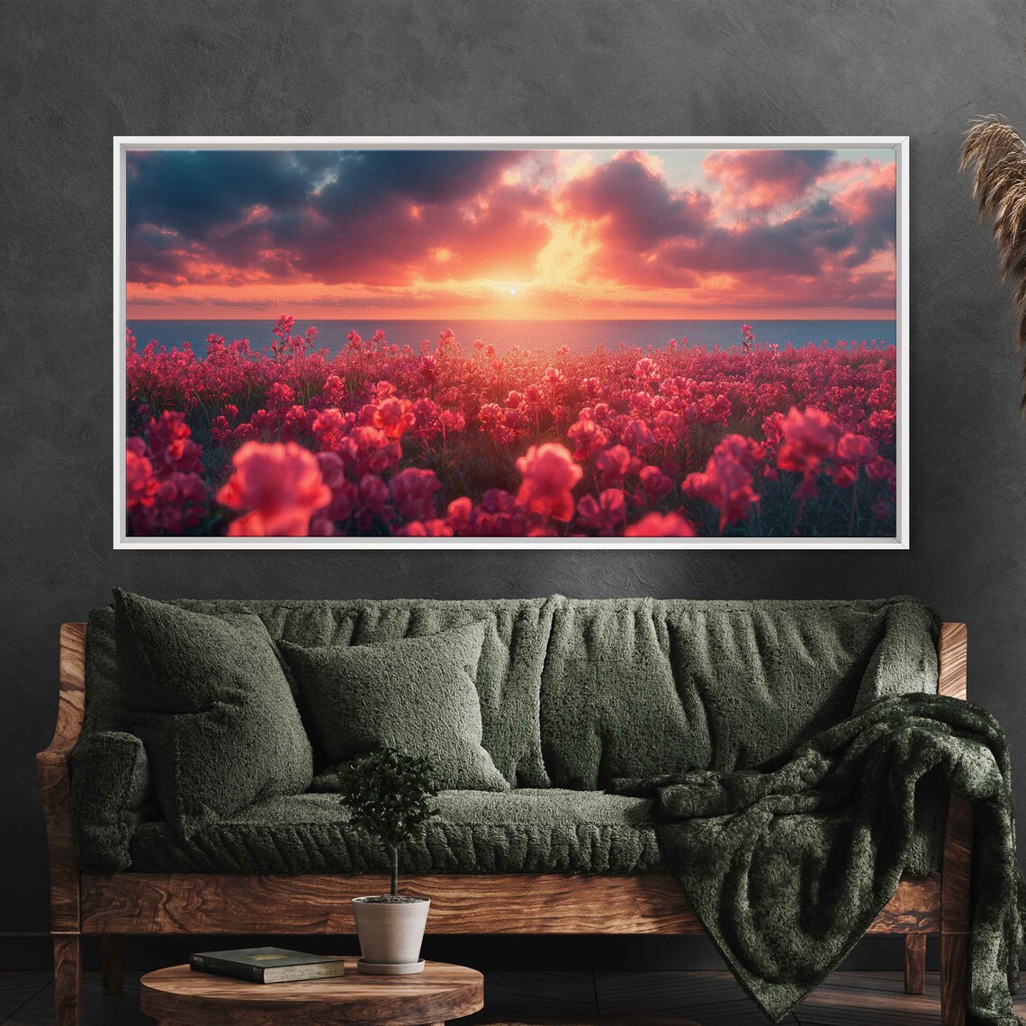 Pink Flower Field Sunset Ocean Horizon Dramatic Clouds Landscape Poster - Image 3