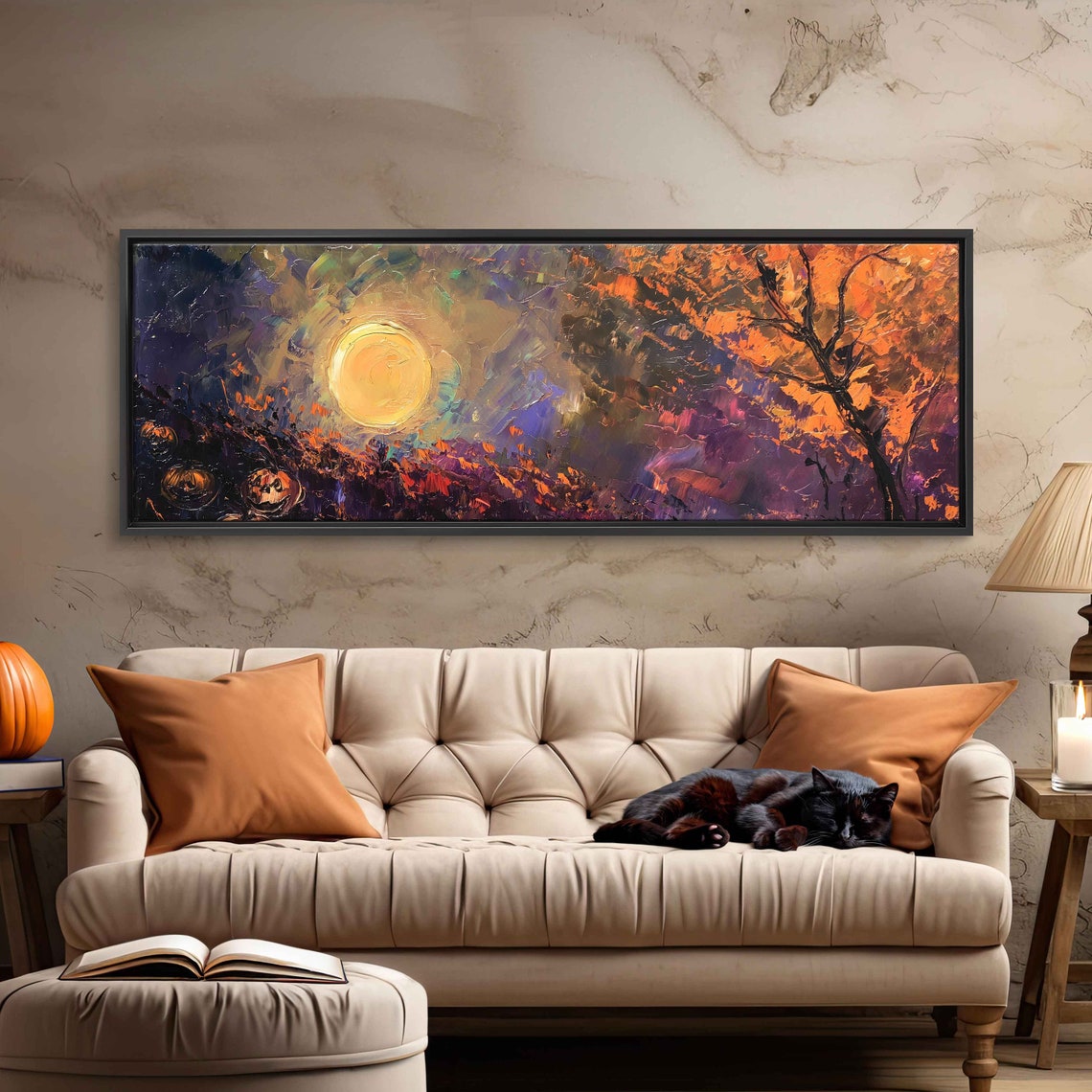 Harvest Moon Rising Over Autumn Forest Orange Impasto Night Poster - Image 3