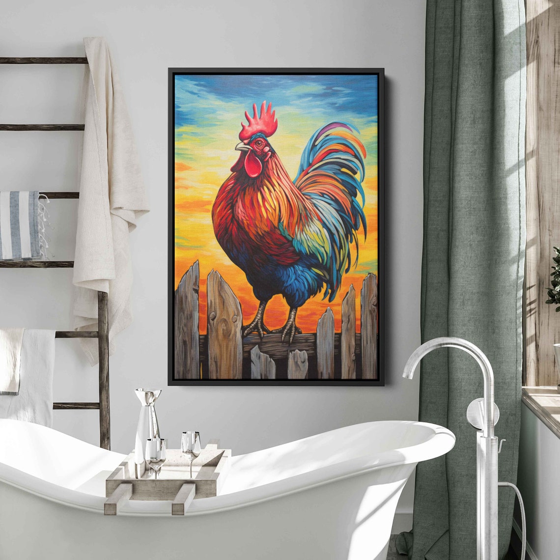 Colorful Rooster on Fence Sunset Sky Rustic Farmhouse Kitchen Wall Art - Image 2