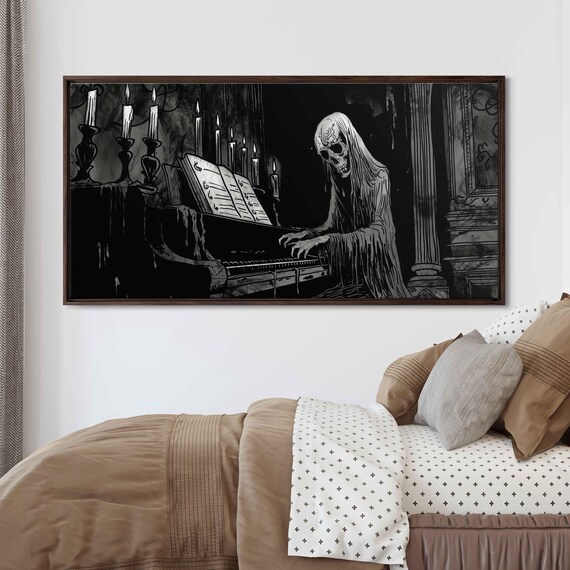 Hooded Skeleton Playing Grand Piano In Candlelit Crypt Gothic Ink Poster