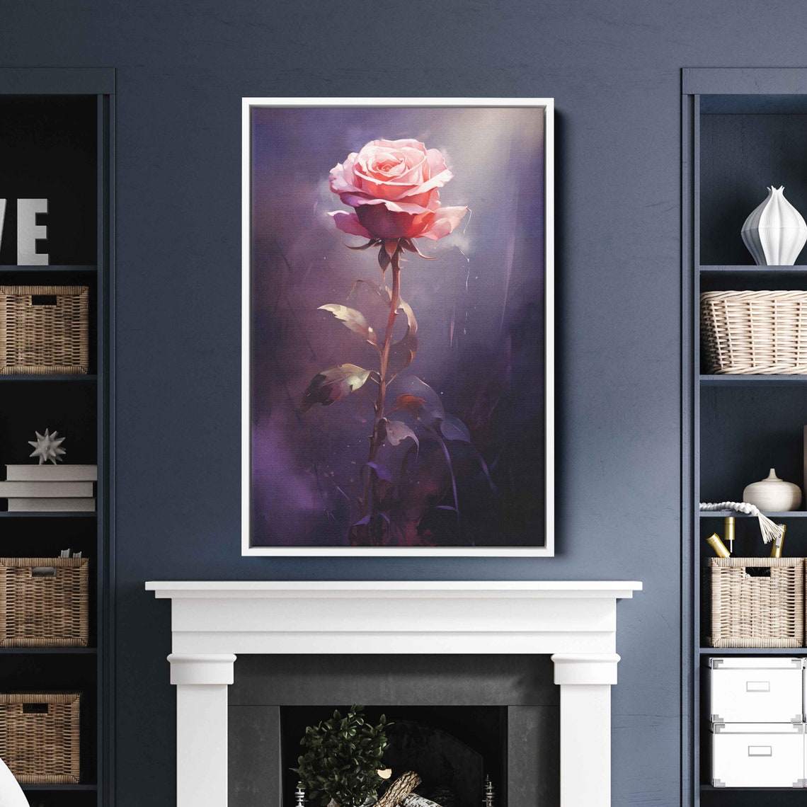 Pink Rose Watercolor Single Bloom Dark Moody Floral Art Print - Image 2