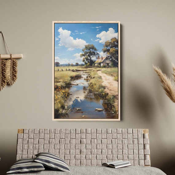 Watercolor Stream Wall Art Print Rural Farm Life Old Farmhouse Cloudy Skies Ready To Hang