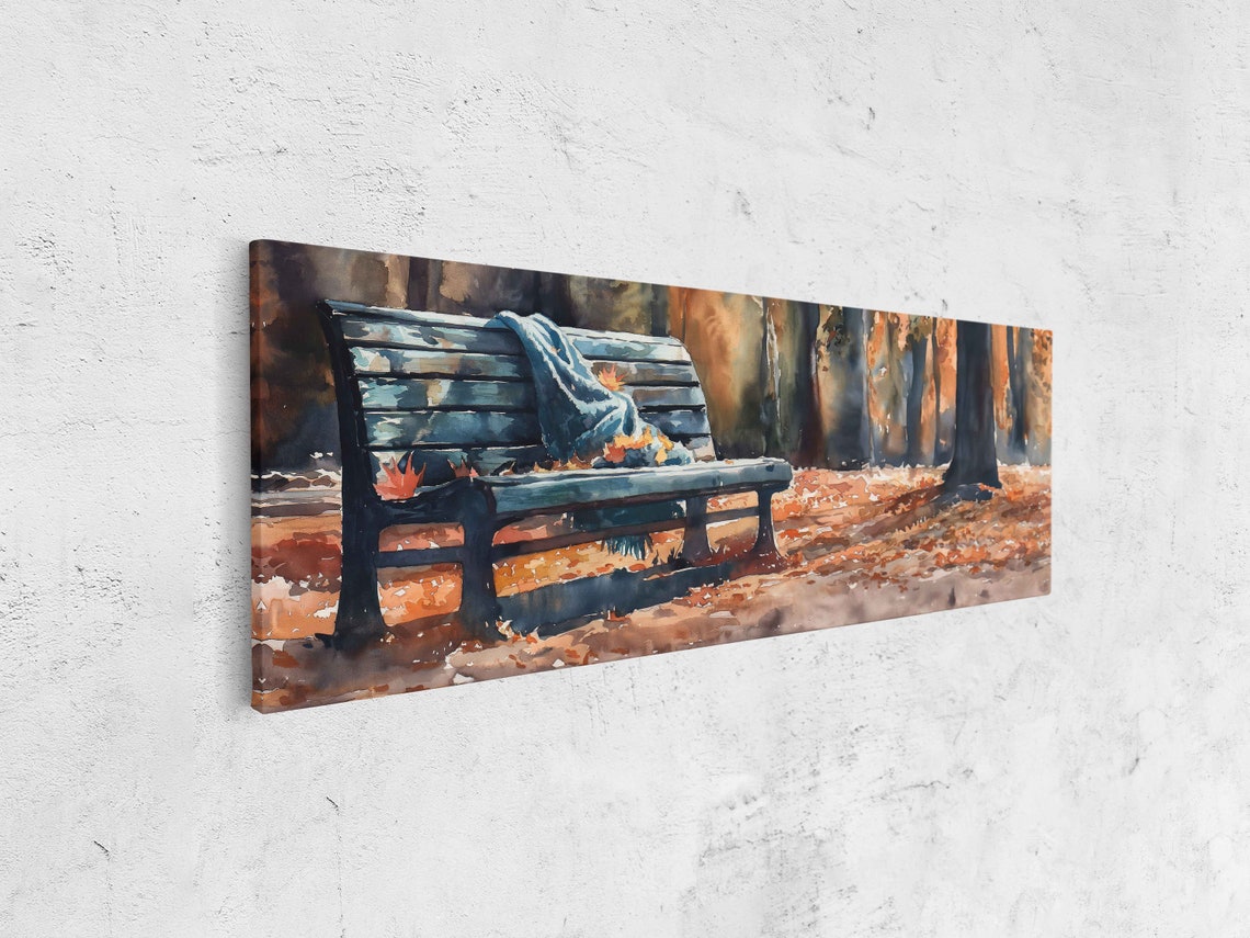 Cozy Park Bench With Blanket In Autumn Foliage Watercolor Art Poster - Image 4