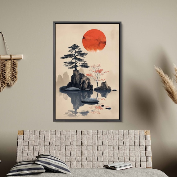 Japanese Red Sun Pine Tree Stepping Stones Ink Style Serene Asian Art Poster