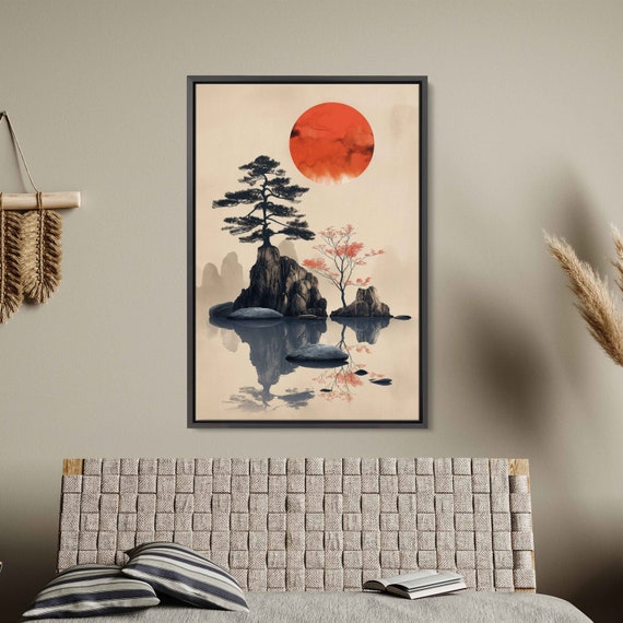 Japanese Zen Garden With Stepping Stones In Lake Wall Art Print Japanese Impressionist Art Asian Wall Art Ready To Hang