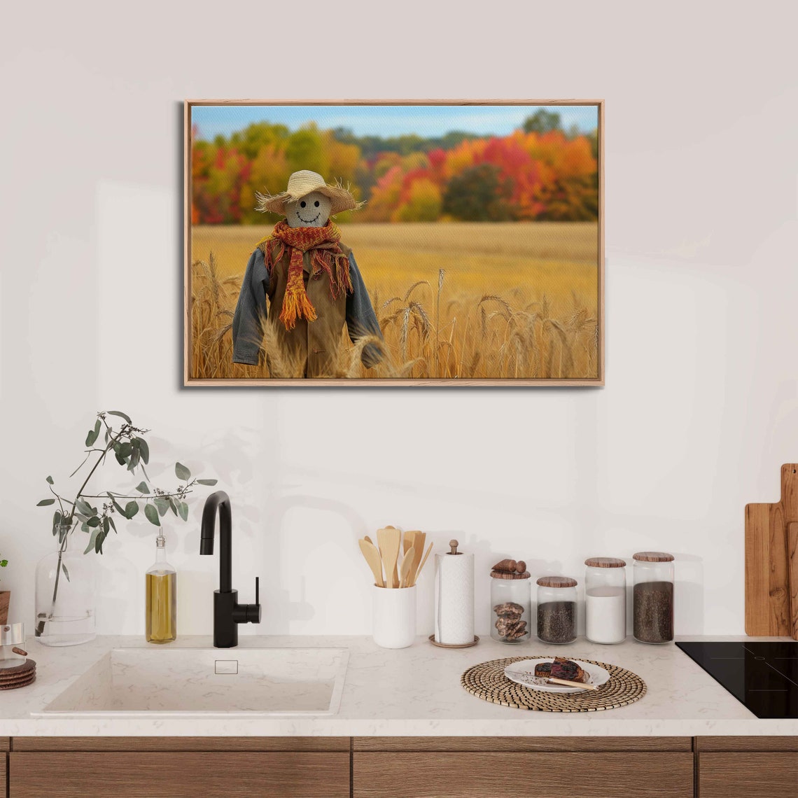 Friendly Scarecrow In Golden Wheat Field With Autumn Trees Poster