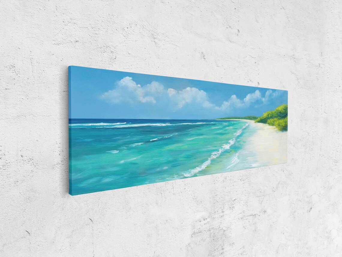 Turquoise Tropical Beach Panoramic Painting White Sand Shoreline Green Palms Poster - Image 4