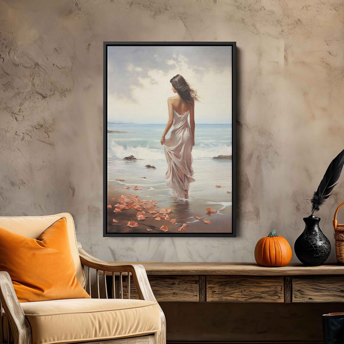 Woman Walking Beach Watercolor Flowing Dress Ocean Waves Art Poster - Image 2