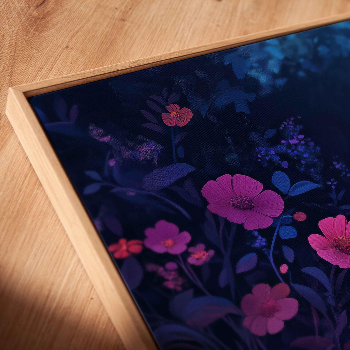 Neon Pink Flowers Twilight Garden Dark Blue Bloom Painting Poster - Image 2