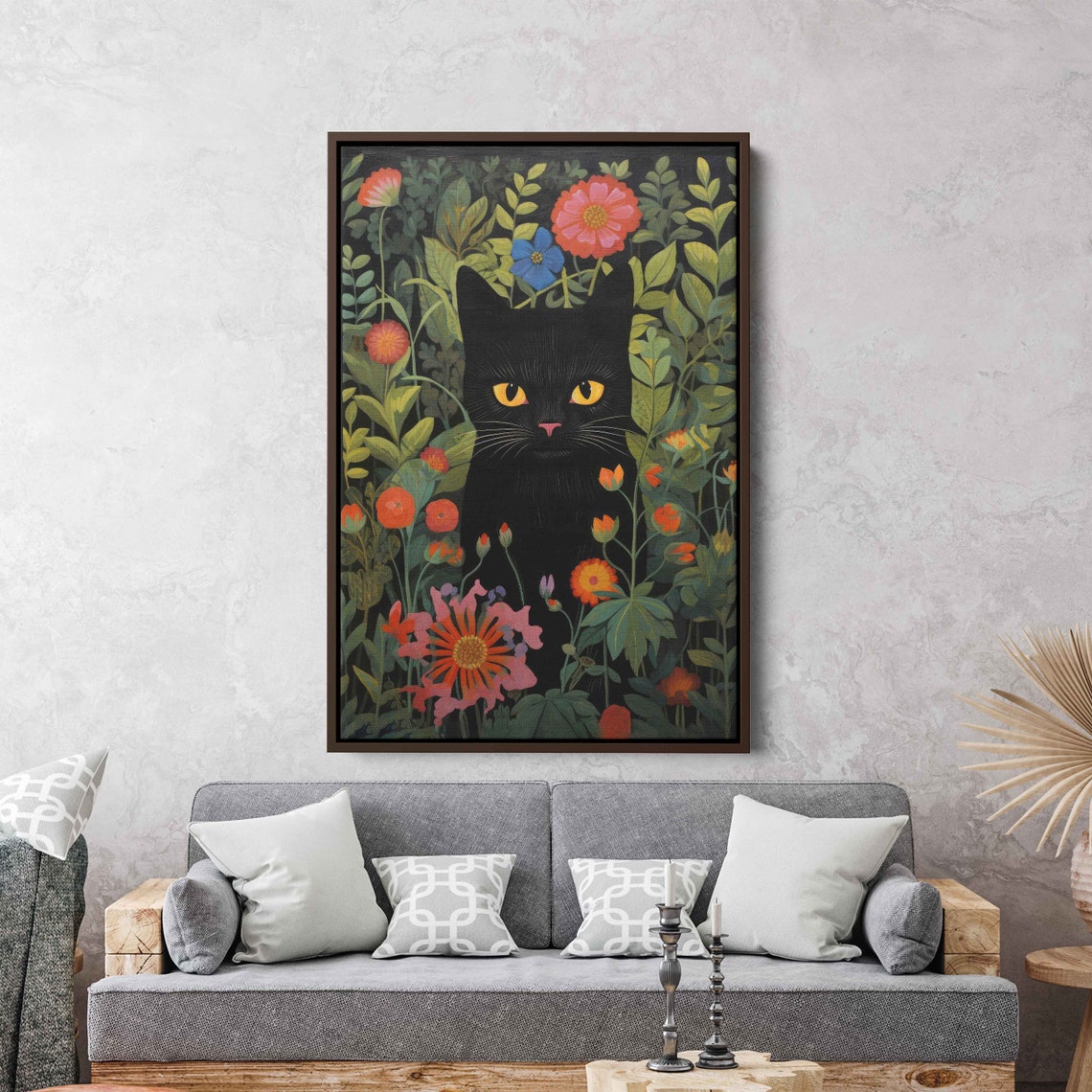 Black Cat With Golden Eyes Hiding Among Colorful Flowers Art Print - Image 3