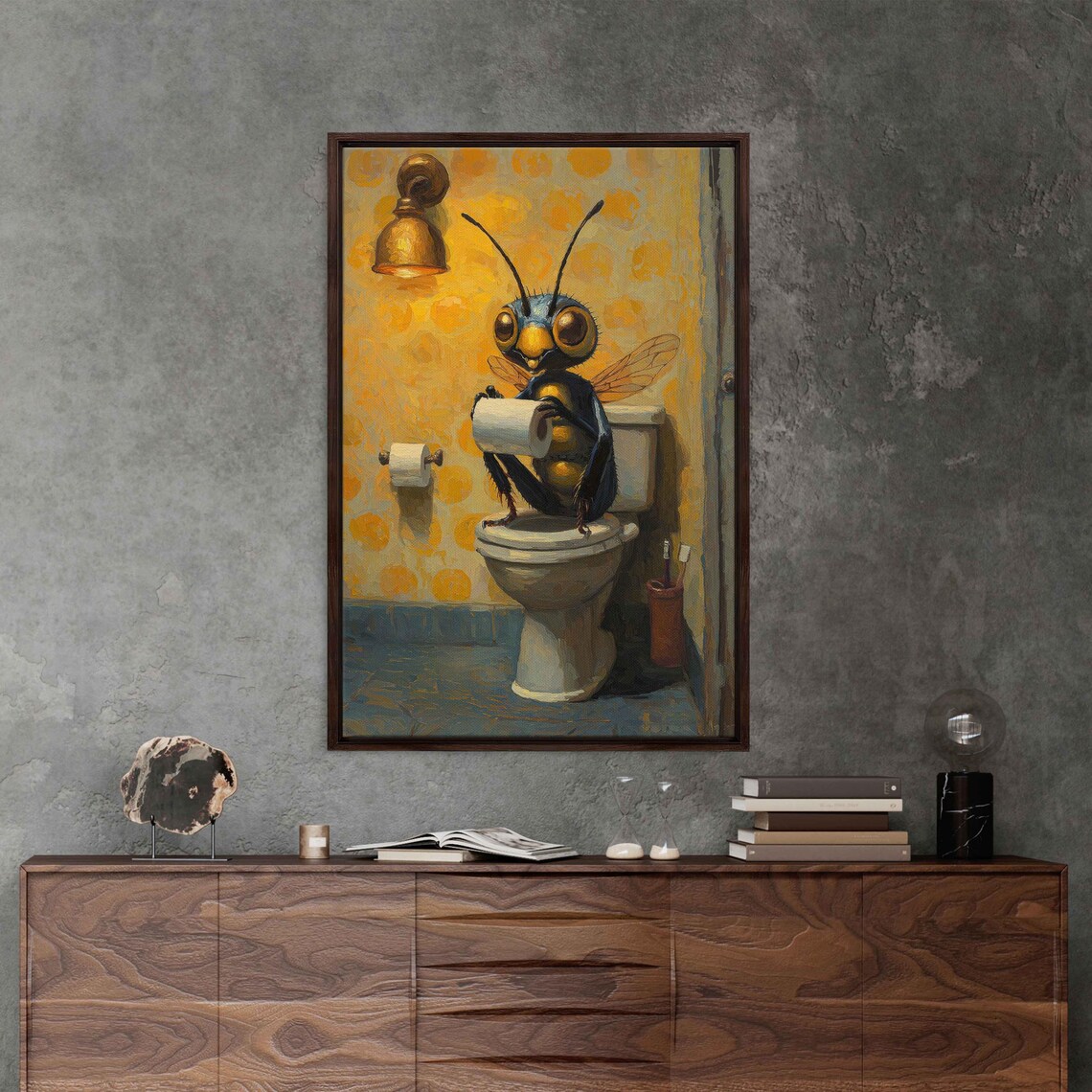 Funny Bee Holding Toilet Paper Roll On Vintage Toilet Wall Art Poster