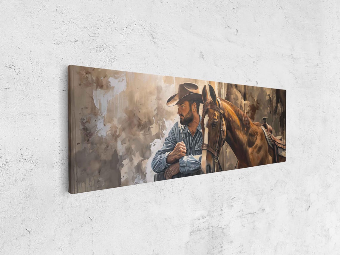Cowboy Standing Beside Chestnut Horse Rustic Panoramic Wall Poster - Image 4