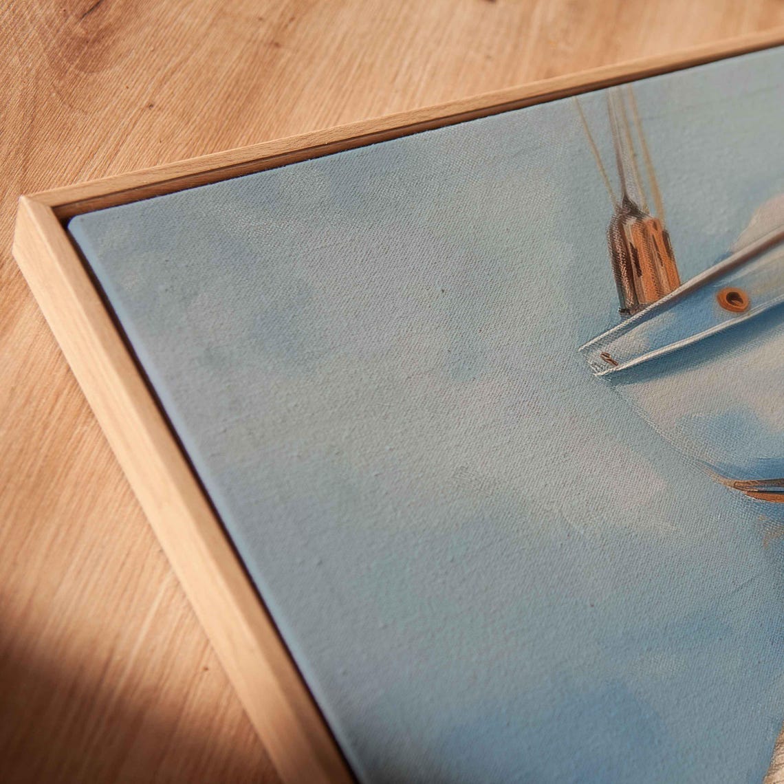 Sailboat Bow Front View With Ropes On Mirror Calm Blue Water Poster - Image 2