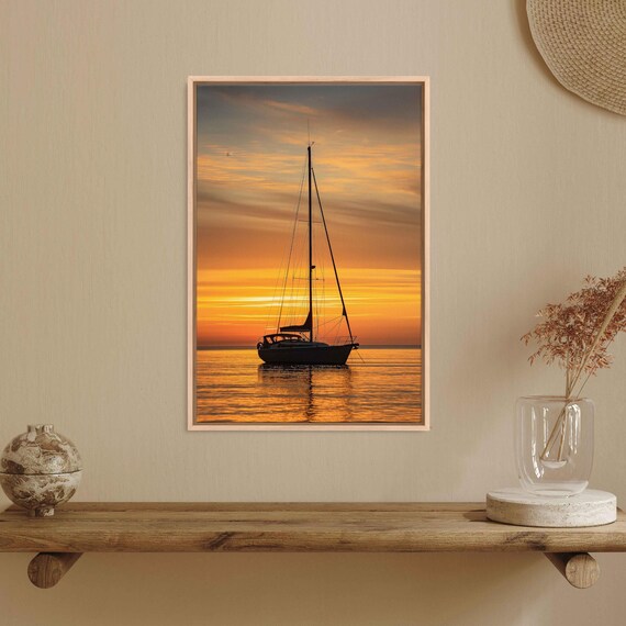 Sailboat Silhouette On Calm Sea At Golden Sunset Horizon Nautical Poster