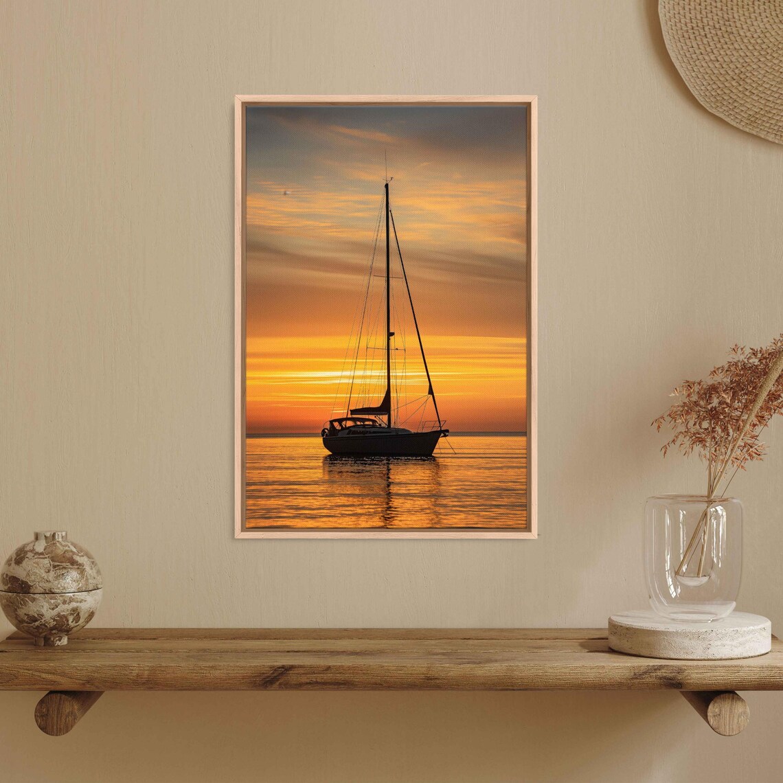 Sailboat Silhouette On Calm Sea At Golden Sunset Horizon Nautical Poster