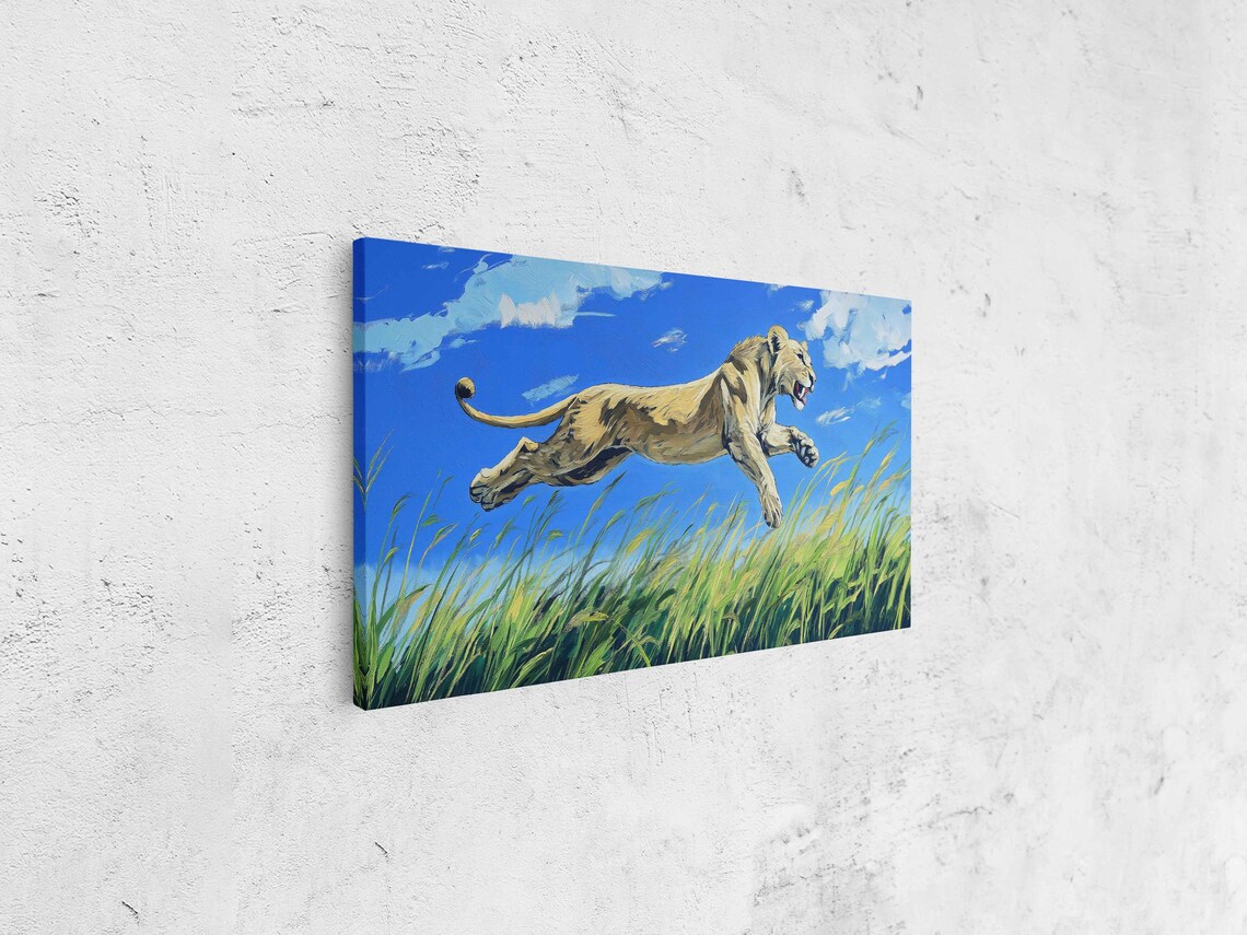 Lioness Leaping Through Grass Vivid Blue Sky Dynamic Wildlife Art Poster - Image 4