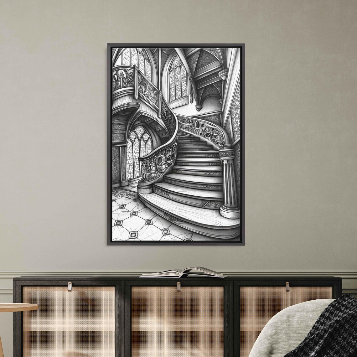 Winding Ornate Gothic Staircase With Stained Glass Spooky Ink Art Poster - Image 3