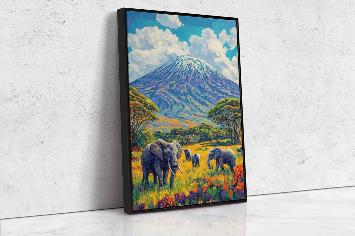 Kilimanjaro Elephants Safari Snow Capped Peak Colorful Savanna Acrylic Travel Poster - Image 4