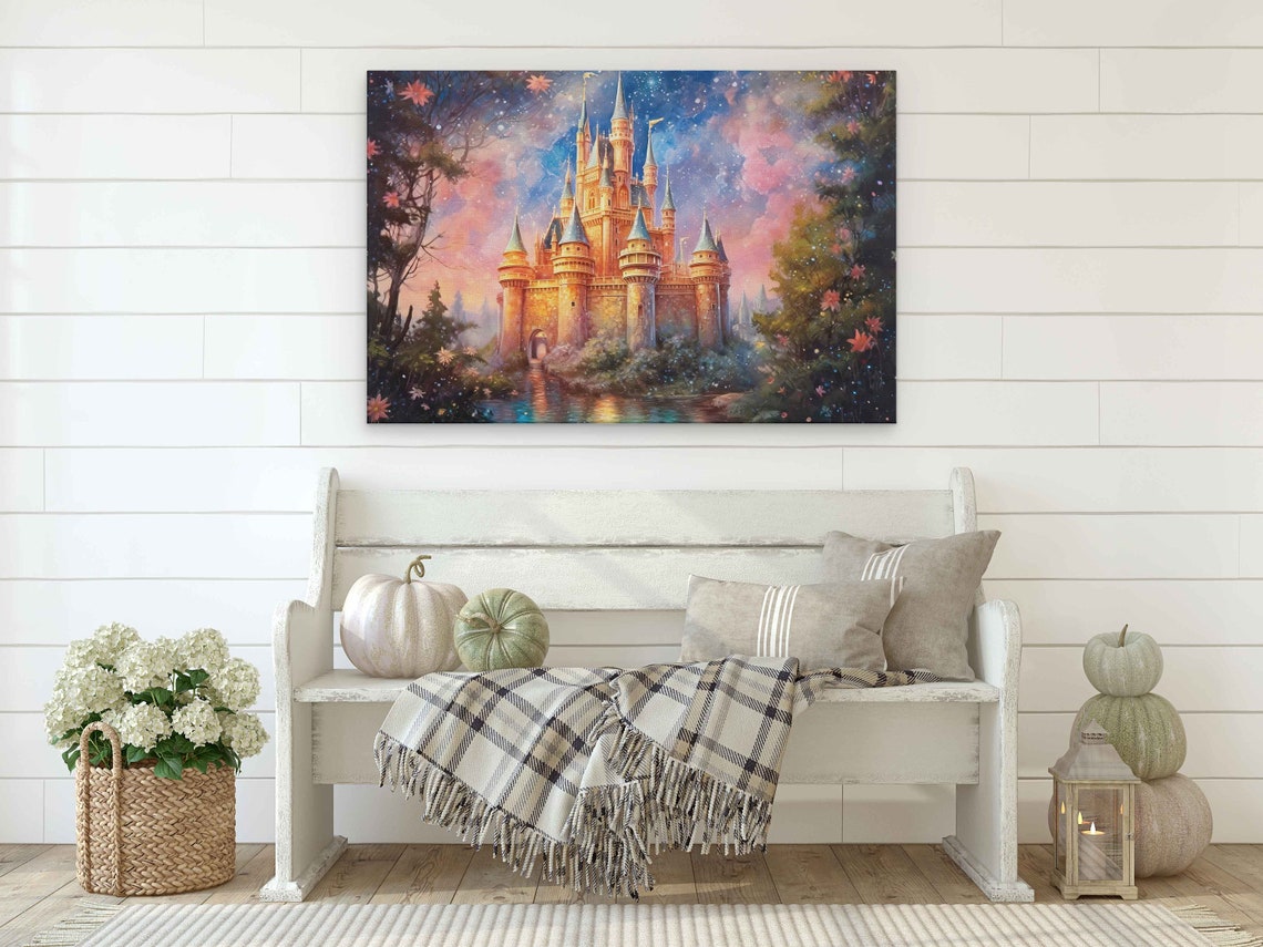 Fairy Tale Castle Moat Flowers Starry Pink Sunset Watercolor Poster - Image 2