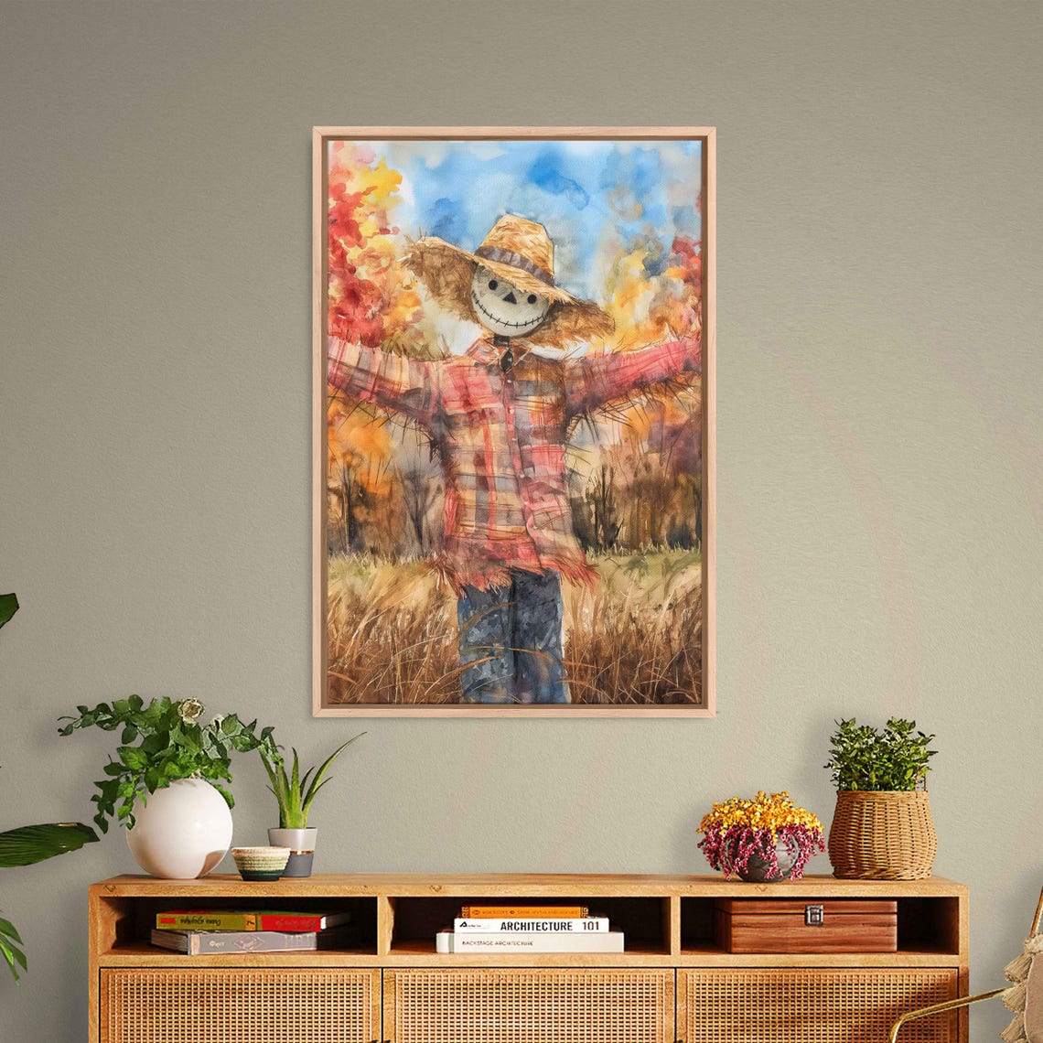 Smiling Watercolor Scarecrow In Autumn Field Straw Hat Farm Poster